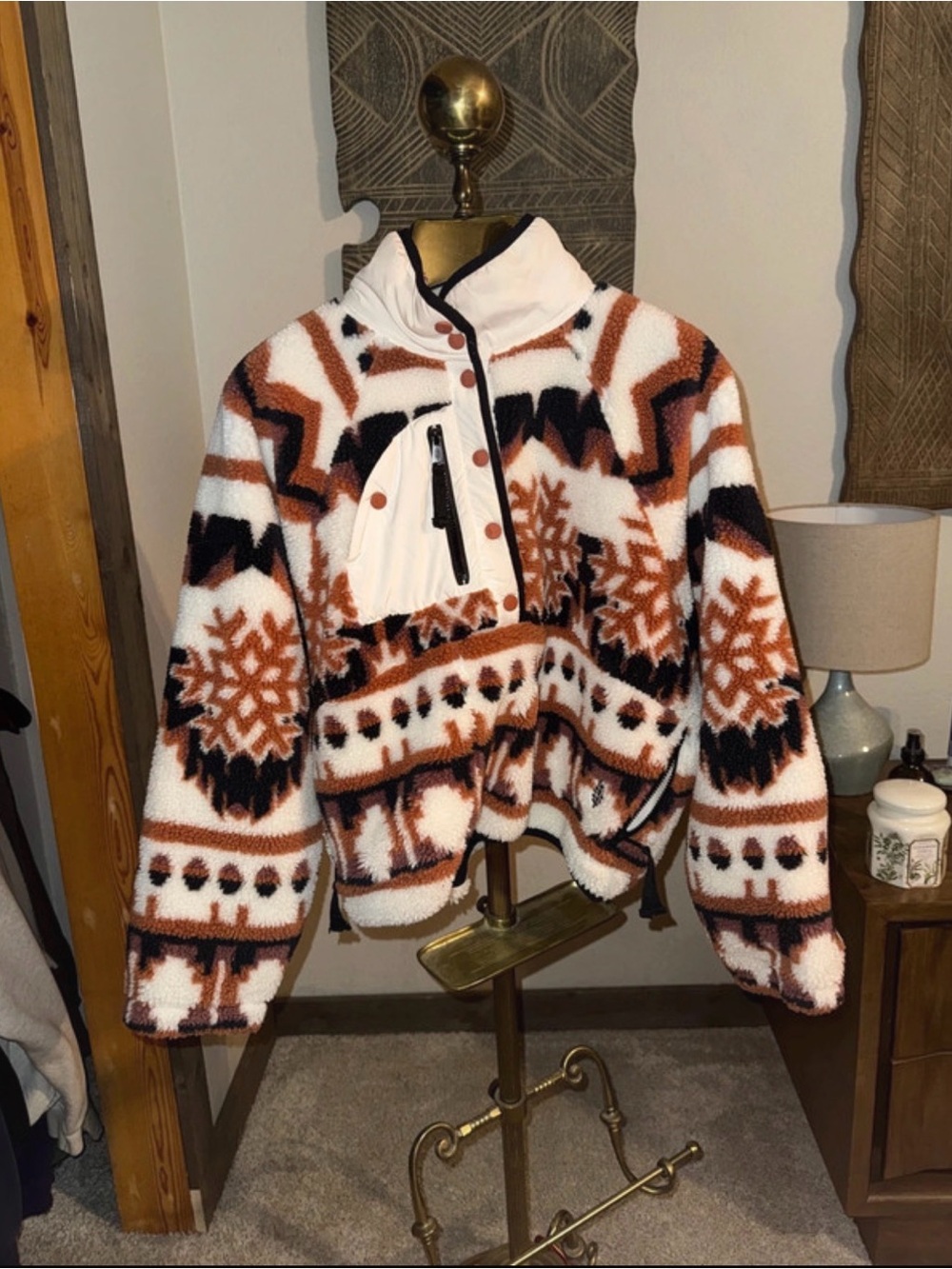 FP Movement by Free People Teddy Sherpa Pullover Jacket in White, Brown & Black